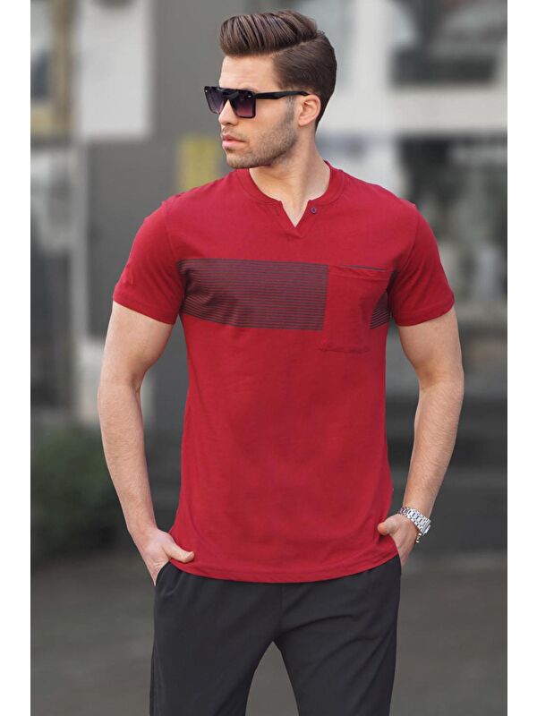 Madmext Bordo Cep Detaylı Regular Fit Erkek %100 Pamuk Tişört 6094
