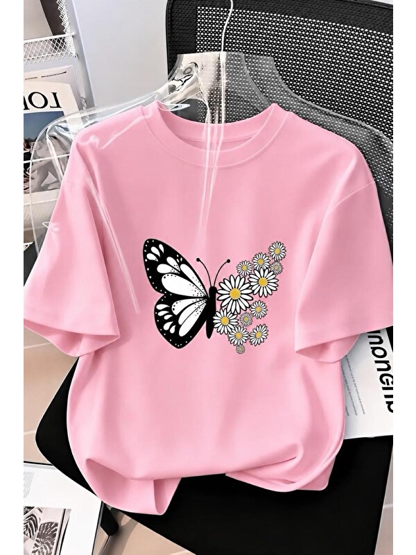 Oksit Papatya Kanatlı Kelebek Baskılı Oversize Kadın T-Shirt