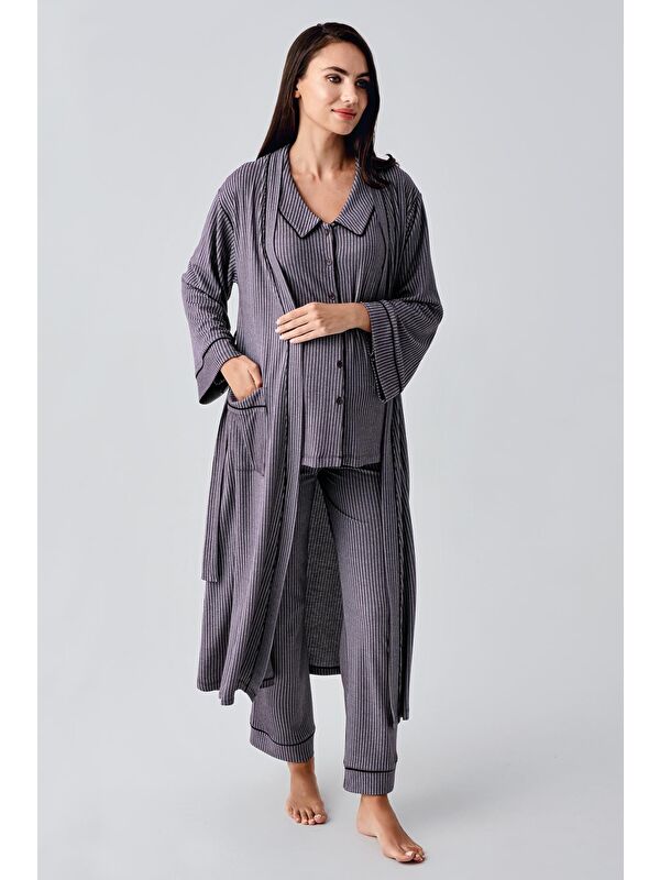Artış Bebe Yaka Düğmeli Uzun Kollu Hamile Sabahlık Pijama Takım 23111