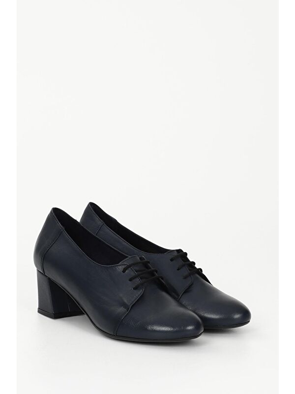 LACİVERT Hakiki Deri Yuvarlak Burun Orta Kalın Topuklu Bağcıklı Kadın Ayakkabı 24215 - Görsel 3