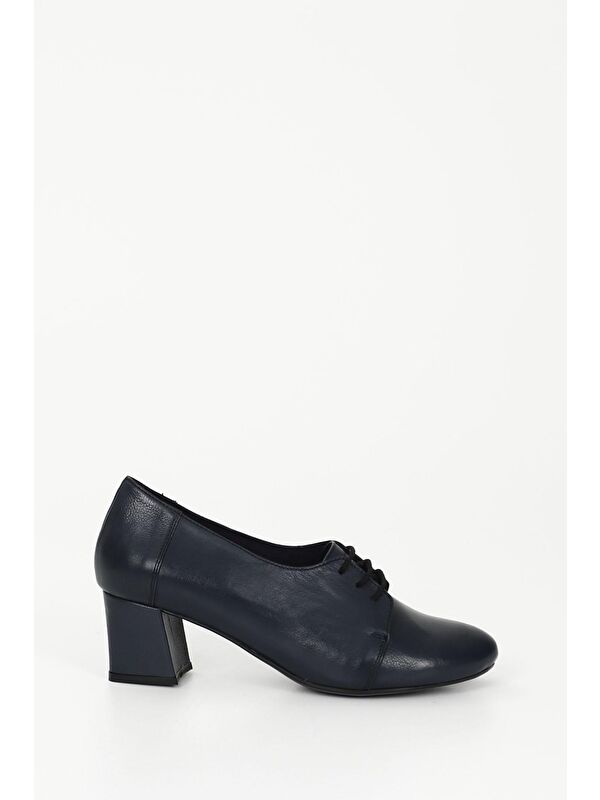 LACİVERT Hakiki Deri Yuvarlak Burun Orta Kalın Topuklu Bağcıklı Kadın Ayakkabı 24215 - Görsel 5