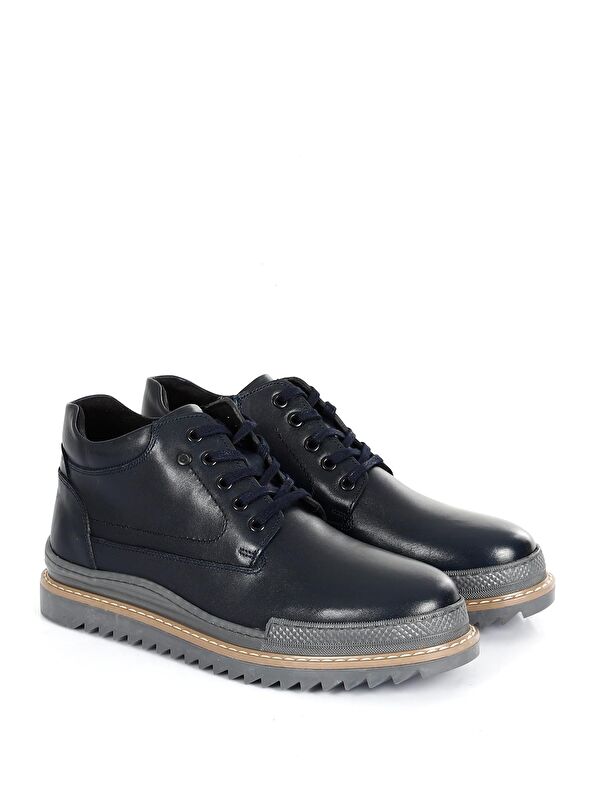 LACİVERT Hakiki Deri Yuvarlak Burun Termo Taban Bağcıklı Fermuarlı Günlük Erkek Bot 05203 - Görsel 3