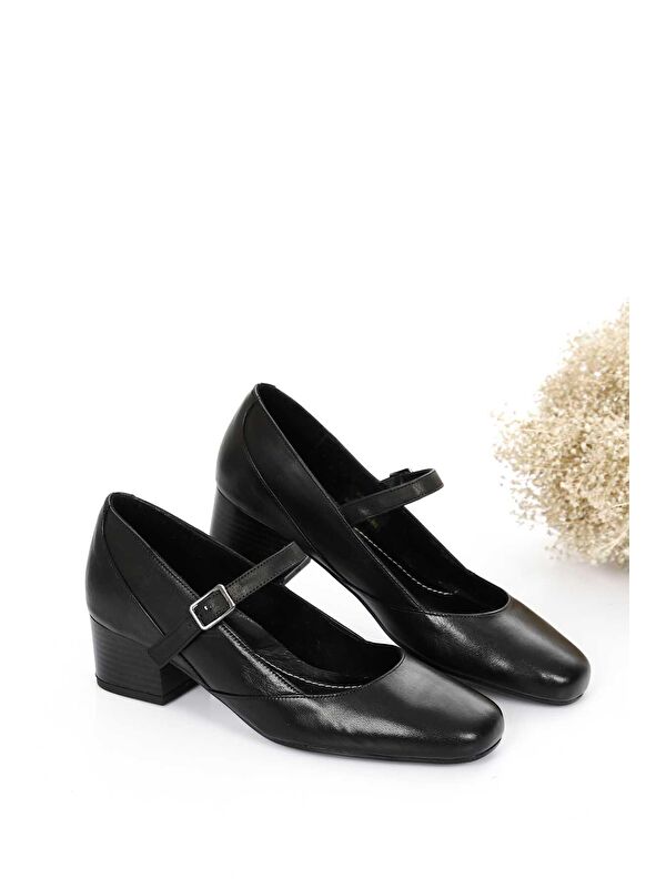 SİYAH Hakiki Deri Küt Burun Kısa Kalın Topuklu Kadın Ayakkabı 24220 - Görsel 2