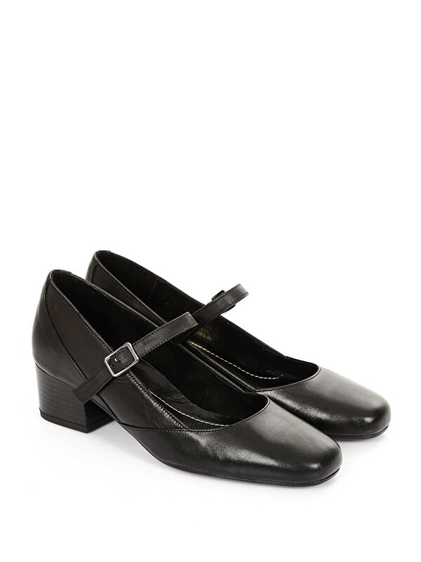 SİYAH Hakiki Deri Küt Burun Kısa Kalın Topuklu Kadın Ayakkabı 24220 - Görsel 3