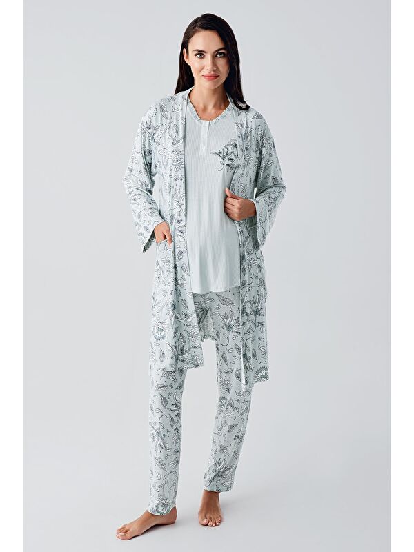 Artış Uzun Kollu Düğmeli Desenli Esnek Viskoz Hamile Sabahlık Pijama Takım 23100