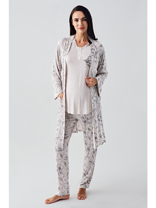 Artış Uzun Kollu Düğmeli Desenli Esnek Viskoz Hamile Sabahlık Pijama Takım 23100