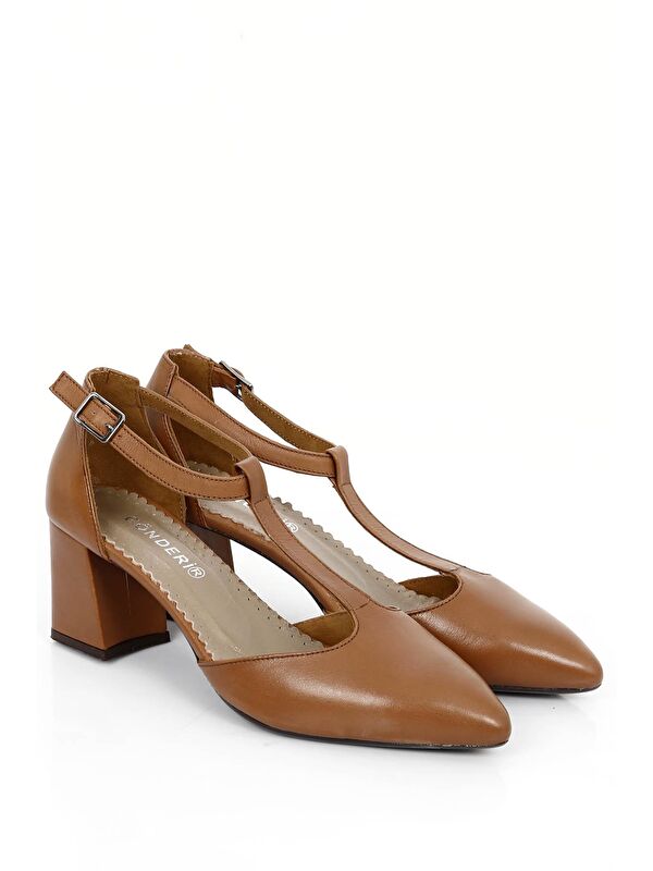 Gonderi(r) Bej Gonderi(r) Hakiki Deri Sivri Burun Bilek Bağlı Orta Kalın Topuklu Kadın Ayakkabı 24182