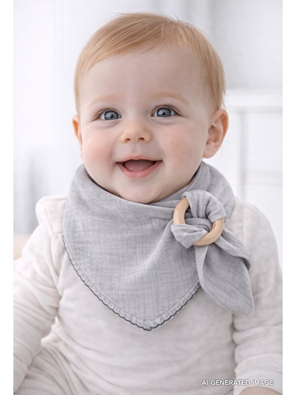 Babyjem Ahşap Diş Kaşıyıcılı Bürümcük Müslin Önlük Gri