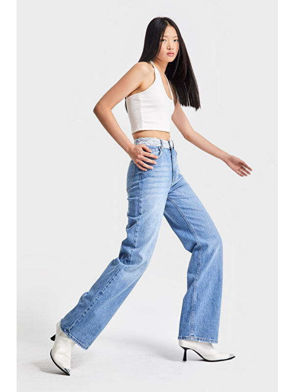 It's Basic Kadın Mavi Renk D-2s5-3 Straight Fit Kemeri Dantel Detaylı Yüksek Bel %100 Pamuk Tasarım Denim Jean