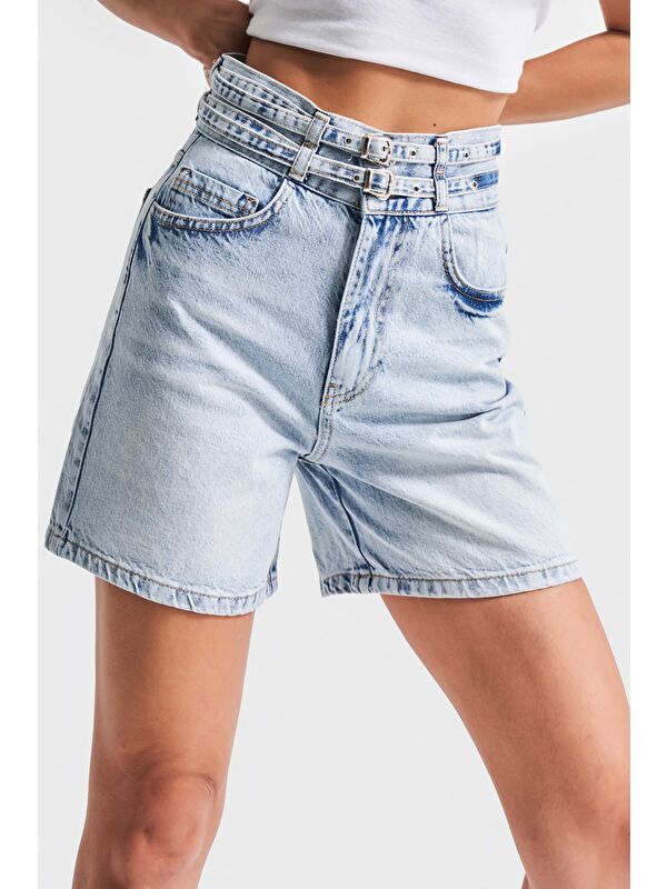 It's Basic Kadın Jean Rengi 4s5-3 Midi Boy Çift Kemerli %100 Pamuk Tasarım Denim Şort