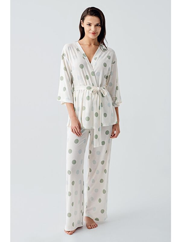 Artış Trukvakar Kol Puantiyeli Kimono Esnek Viskoz Pijama Takım 17212