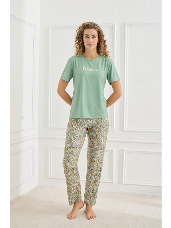 Kompedan Kadın Şal Desenli Bisiklet Yaka Pijama Takım | Mint 30102-964