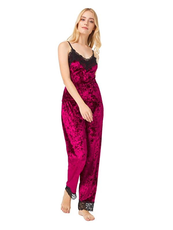 Cottonhill Vişne Dantel Detaylı Kadife Kadın Pijama Takımı