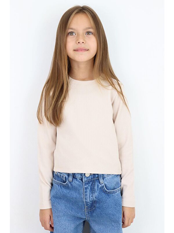 Breeze Kız Çocuk Uzun Kollu Tişört Kemer Boy Basic Bej (9-14 Yaş)