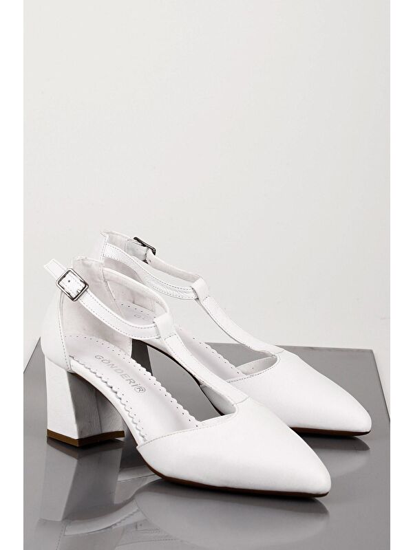 BEYAZ Hakiki Deri Sivri Burun Bilek Bağlı Orta Kalın Topuklu Kadın Ayakkabı 24182 - Görsel 3