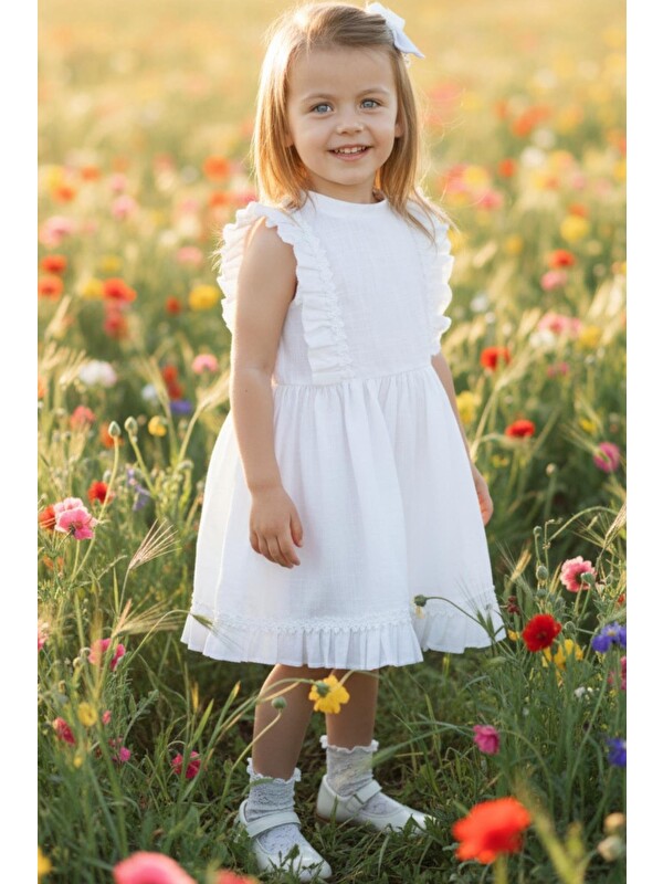 Parla Kids Kız Bebek Eloise Beyaz Keten Fistolu Elbise Toka Takım