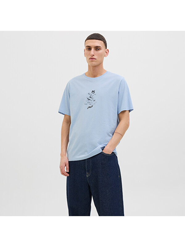 Jack & Jones Relax Erkek Mavi Bisiklet Yaka Tişört