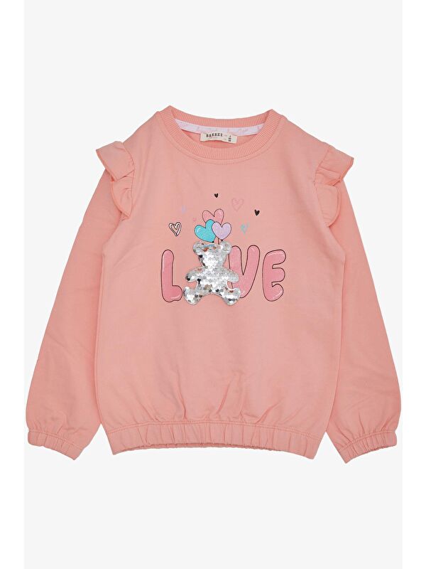 Breeze Kız Çocuk Sweatshirt Pullu Ayıcık Aksesuarlı Simli Yazı Baskılı Somon (1.5-4 Yaş)