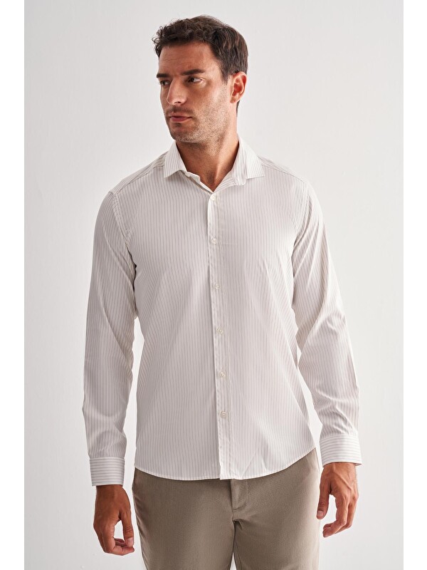 İMZA Beyaz Yarım İtalyan Yaka Uzun Kol Cepsiz Slim Fit Cls Gömlek 1004255174