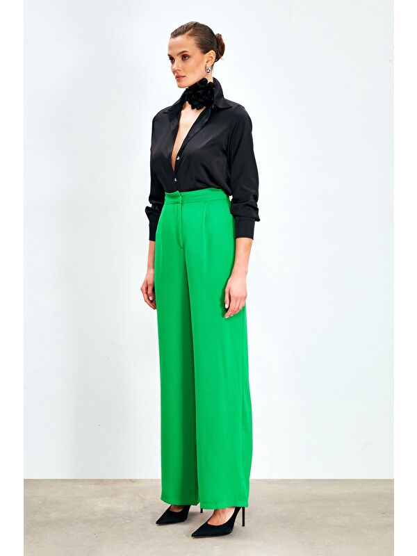 SATEEN Pileli Krep Pantolon - Yeşil