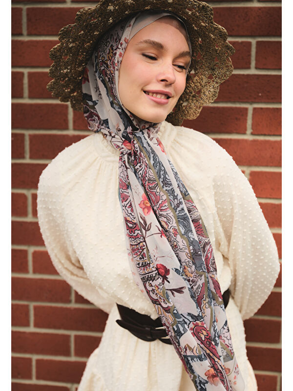 Fresh Scarfs Alıza Desen İpek Krep Şal Bej