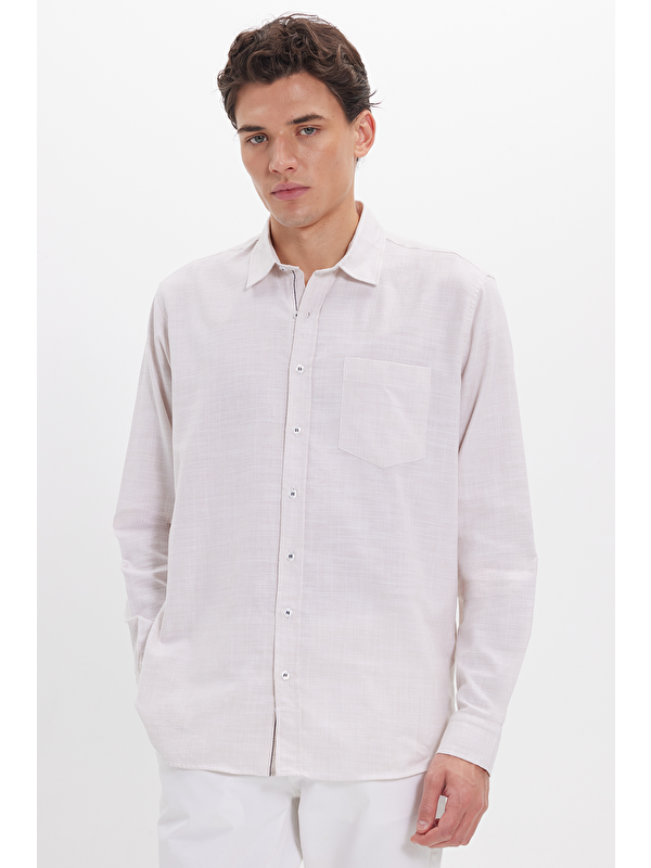 TUDORS Erkek Regular Fit Klasik Kesim Oversize %100 Pamuk Keten Doku Bej Gömlek
