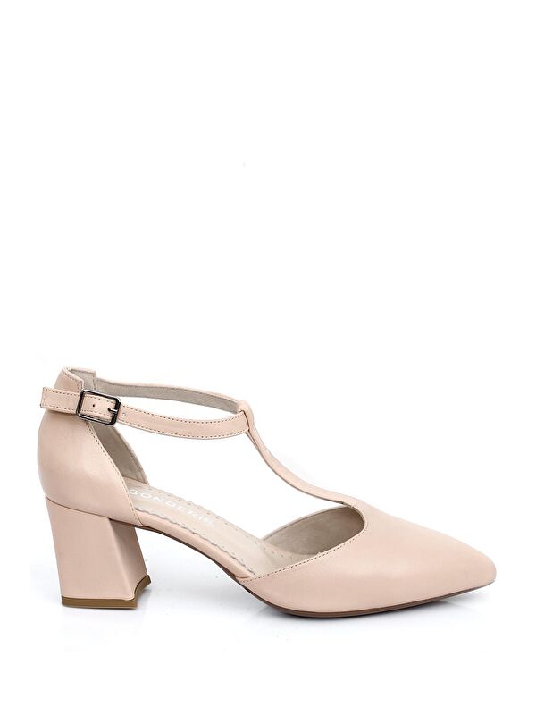 Gonderi(r) Bej Gonderi(r) Hakiki Deri Sivri Burun Bilek Bağlı Orta Kalın Topuklu Kadın Ayakkabı 24182