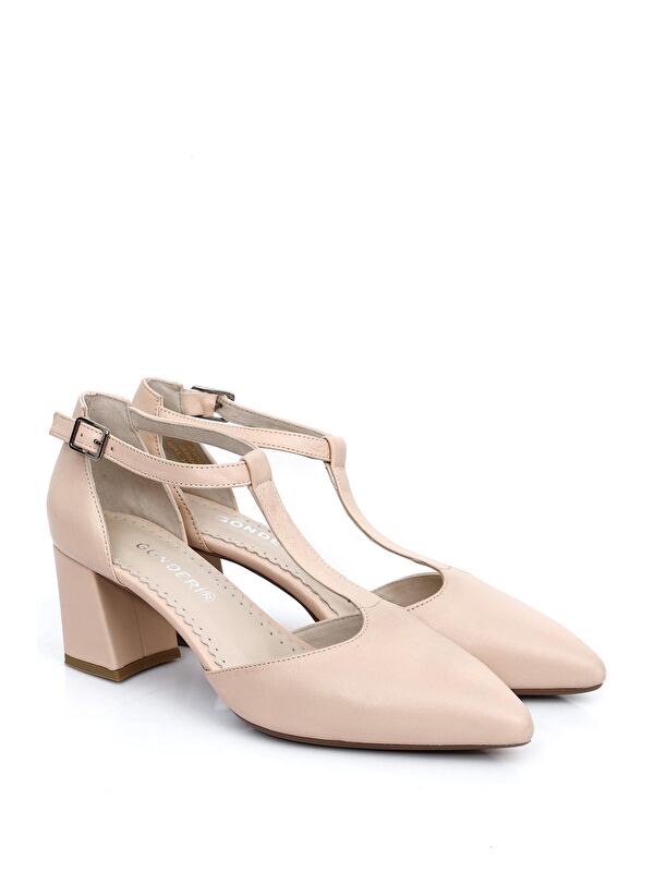 Gonderi(r) Bej Gonderi(r) Hakiki Deri Sivri Burun Bilek Bağlı Orta Kalın Topuklu Kadın Ayakkabı 24182