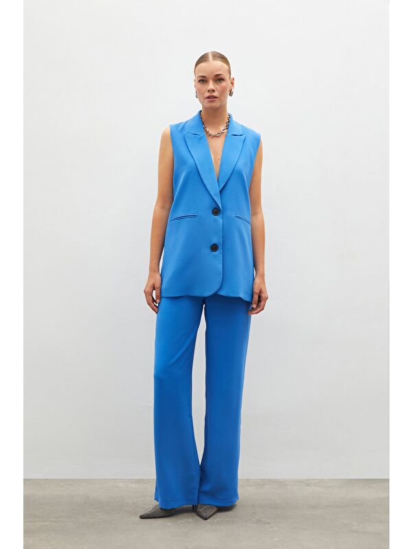 SATEEN Pileli Krep Pantolon - Mavi
