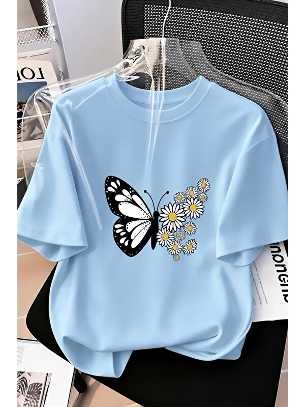 Oksit Papatya Kanatlı Kelebek Baskılı Oversize Kadın T-Shirt