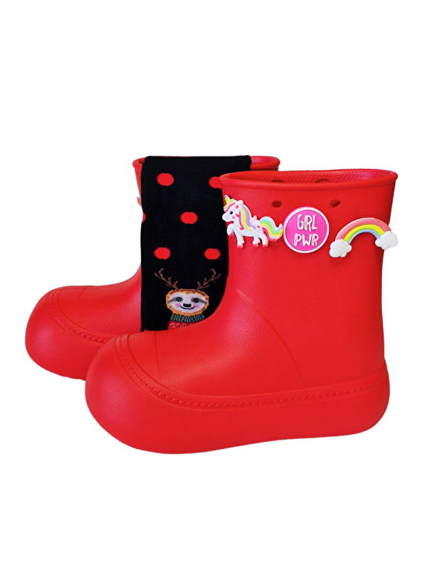 Kırmızı Yağmur Botu + Geyikli+Çorap Set - Görsel 4