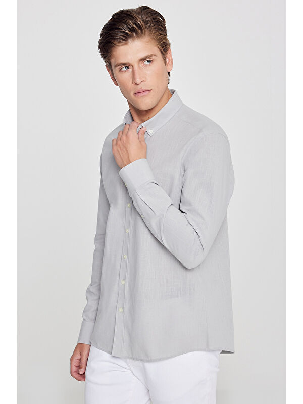 AC&Co / Altınyıldız Classics Erkek Gri %100 Pamuk Oxford Slim Fit Dar Kesim Düğmeli Yaka Flamlı Gömlek