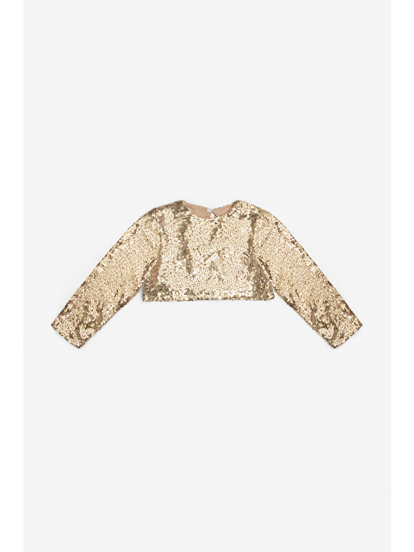 Le Mabelle Altın Uzun Kollu Pullu Kız Çocuk Crop Bluz