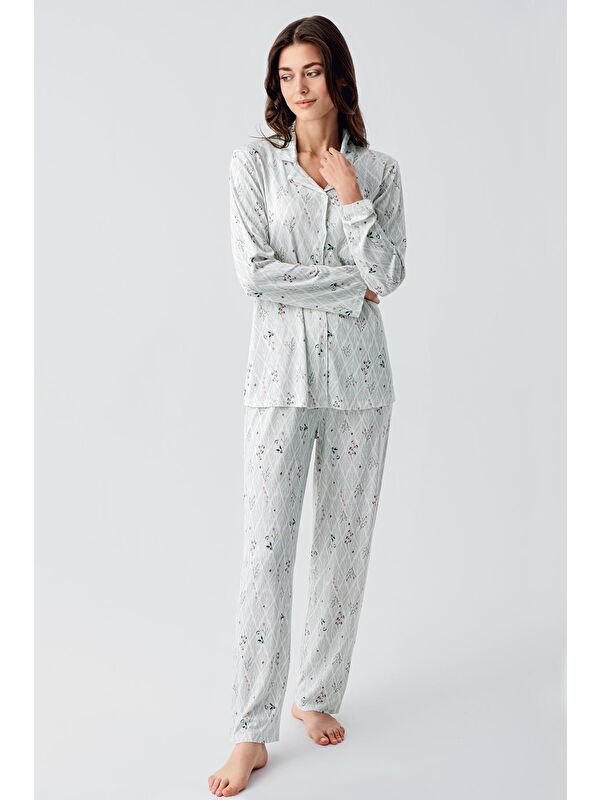 Artış Uzun Kollu Desenli Düğmeli Esnek Viskon Pijama Takım 16213