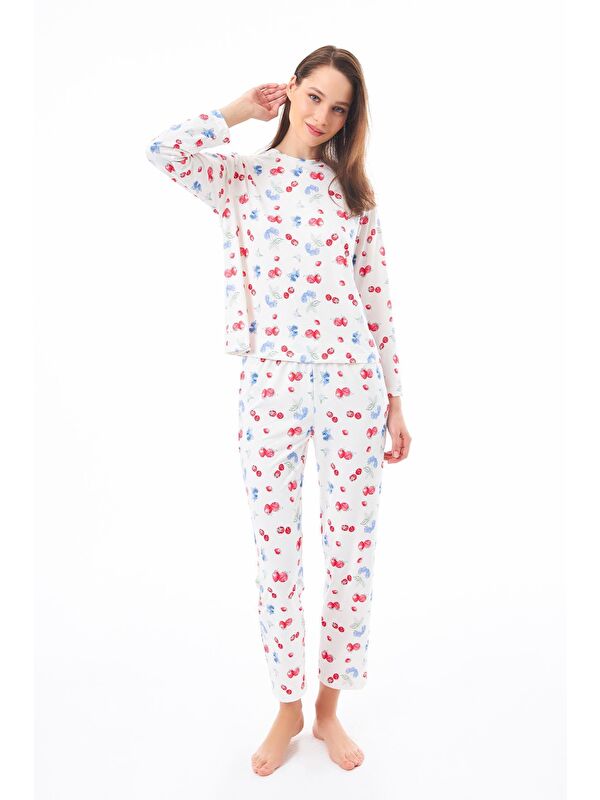 Cottonhill Premium  Yazlık Kadın Pijama Takımı Meyve Desenli Yumuşak Dokulu Bisiklet Yaka Uzun Kollu