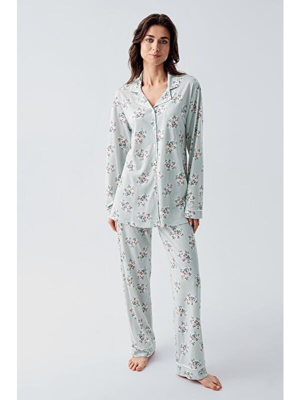 Artış Uzun Kollu Desenli Düğmeli Esnek Viskoz Pijama Takım 16212