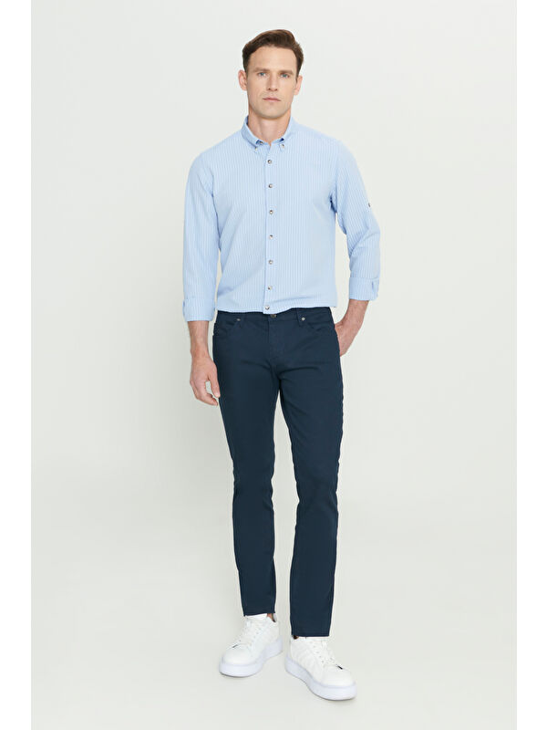 AC&Co / Altınyıldız Classics Erkek Lacivert 360 Derece Her Yöne Esneyen Slim Fit Dar Kesim Diyagonal Desenli Pantolon