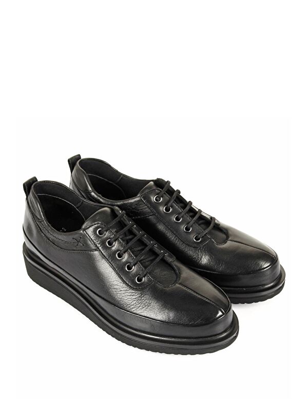 Hakiki Deri Yuvarlak Burun Dolgu Taban Bağcıklı Kadın Günlük Ayakkabı 24132 - Görsel 3