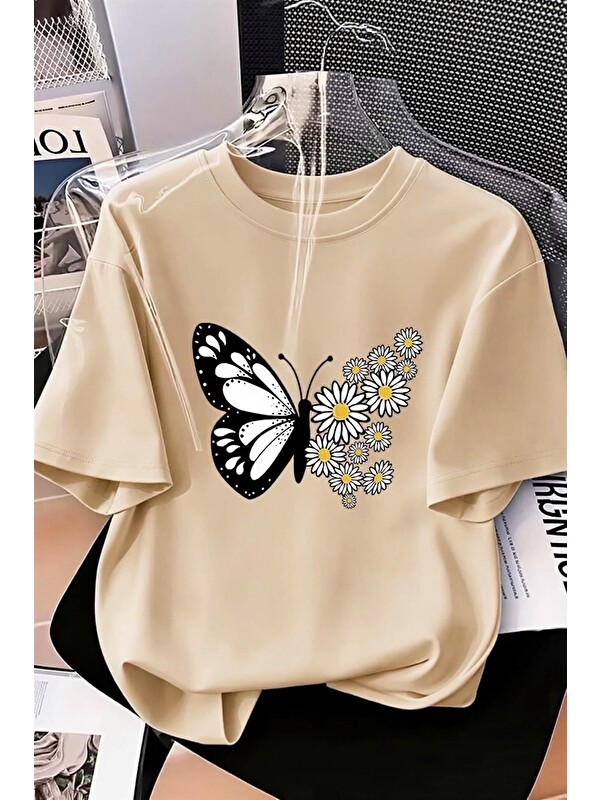 Oksit Papatya Kanatlı Kelebek Baskılı Oversize Kadın T-Shirt