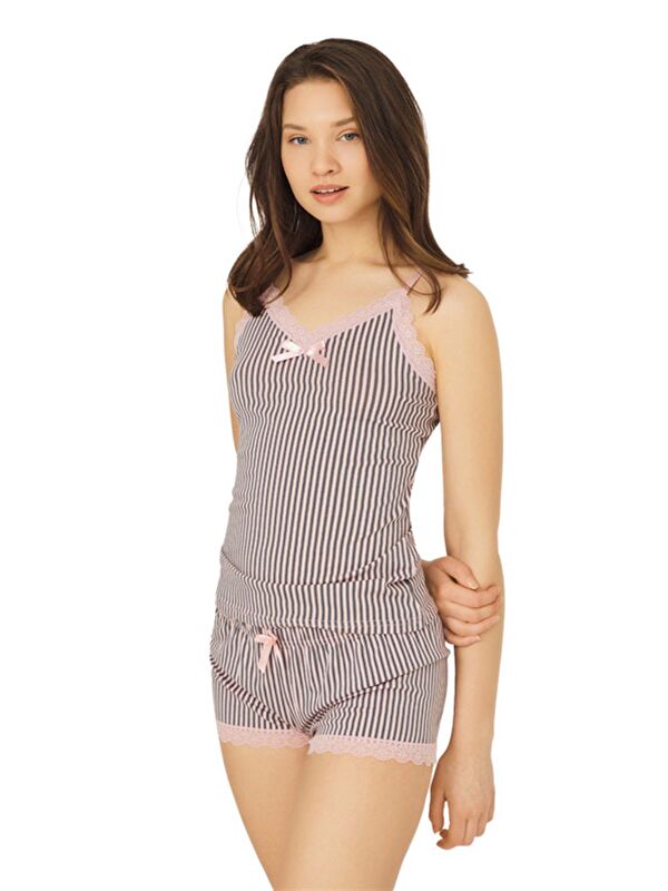 Cottonhill Pembe Füme Çizgili İnce Askılı Şortlu Pamuklu Pijama Takımı