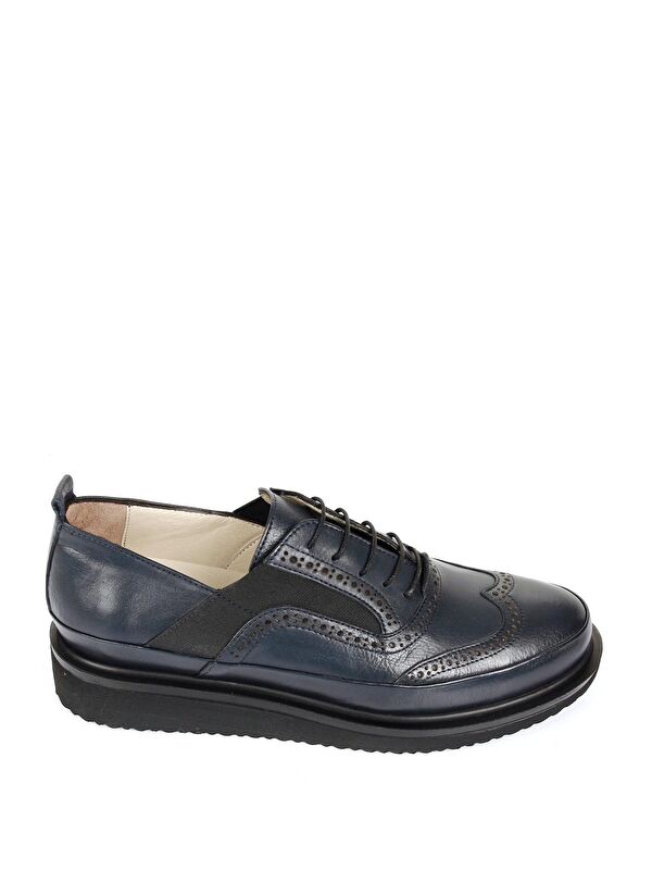 Hakiki Deri Yuvarlak Burun Dolgu Taban Bağcıklı Lastikli Kadın Ayakkabı 24084 - Görsel 5