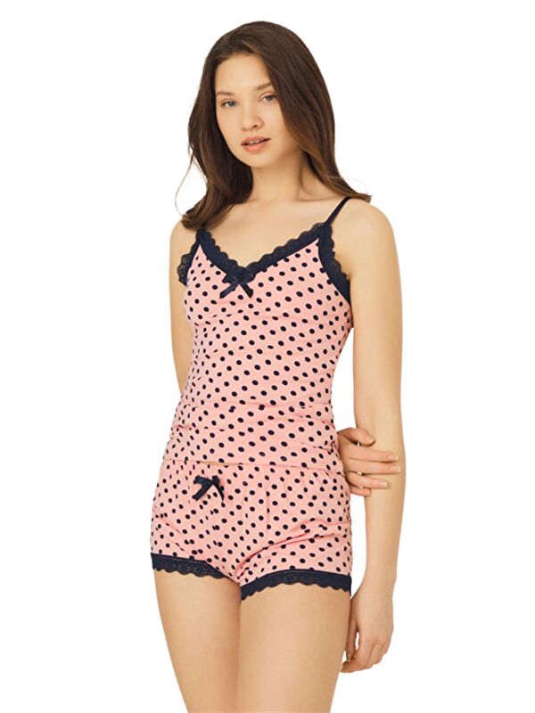 Cottonhill Pembe Lacivert Puantiyeli İnce Askılı Şortlu Pamuklu Pijama Takımı