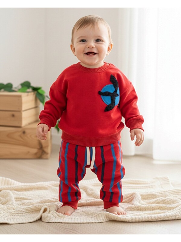 Ege Bebek Erkek Bebek Mevsimlik Martı Nakışlı Sweatshirt, Çizgili Pantalonlu 2'lİ Alt Üst Takım
