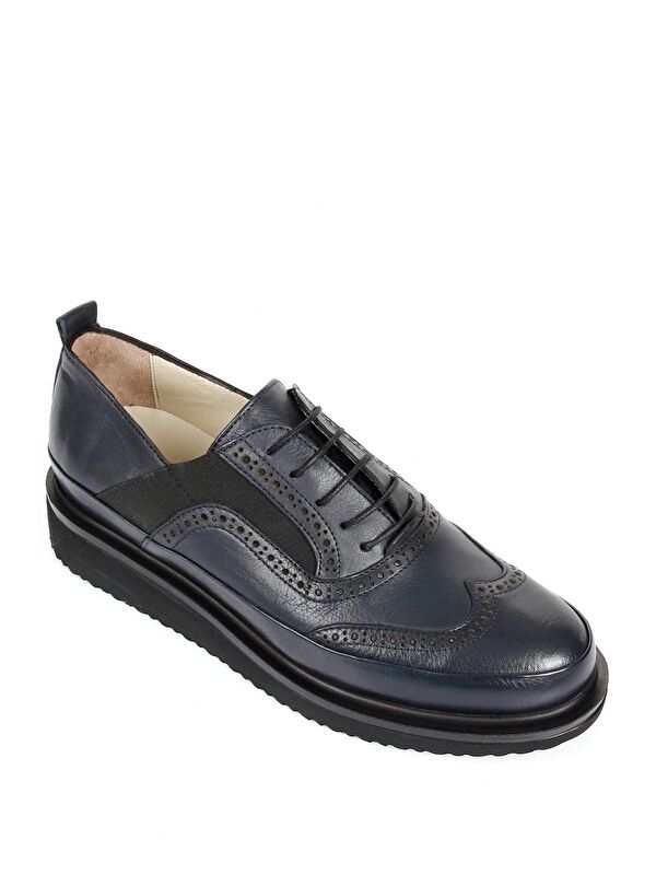 Hakiki Deri Yuvarlak Burun Dolgu Taban Bağcıklı Lastikli Kadın Ayakkabı 24084 - Görsel 6