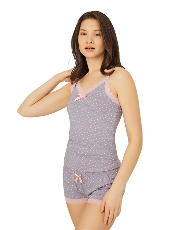 Cottonhill Gri Desenli İnce Askılı Şortlu Pamuklu Pijama Takımı