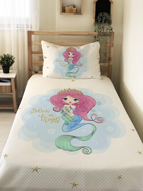 Evmila Deniz Kızı Desenli Soft Baskılı Tek Kişilik 160x220 Cm Pike- Beyaz