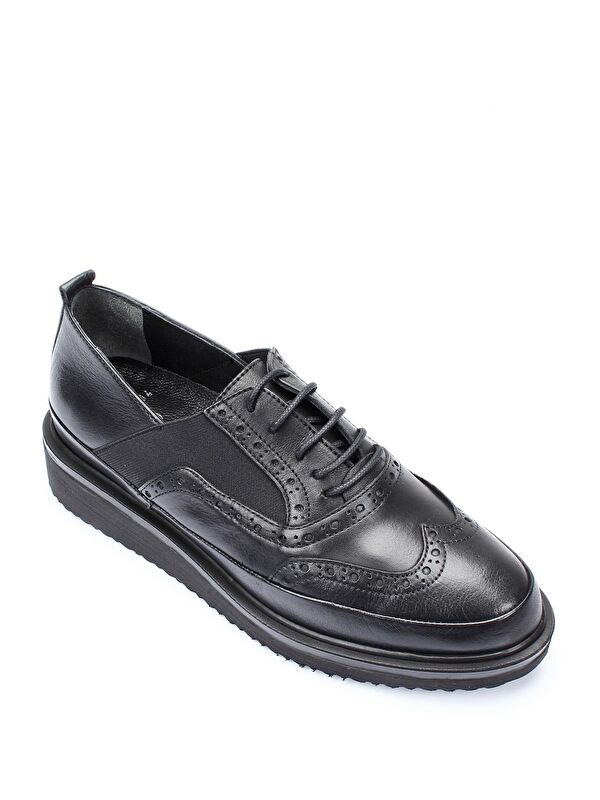 Hakiki Deri Yuvarlak Burun Dolgu Taban Bağcıklı Lastikli Kadın Ayakkabı 24084 - Görsel 6