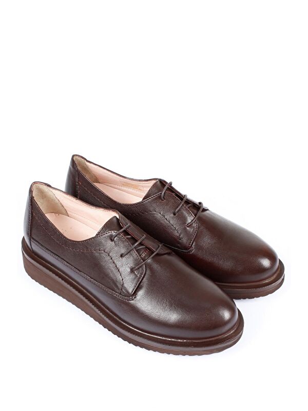 Hakiki Deri Yuvarlak Burun Dolgu Taban Bağcıklı Kadın Ayakkabı 24074 - Görsel 3