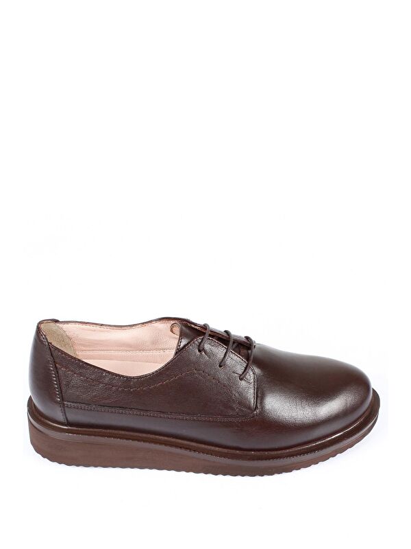Hakiki Deri Yuvarlak Burun Dolgu Taban Bağcıklı Kadın Ayakkabı 24074 - Görsel 5