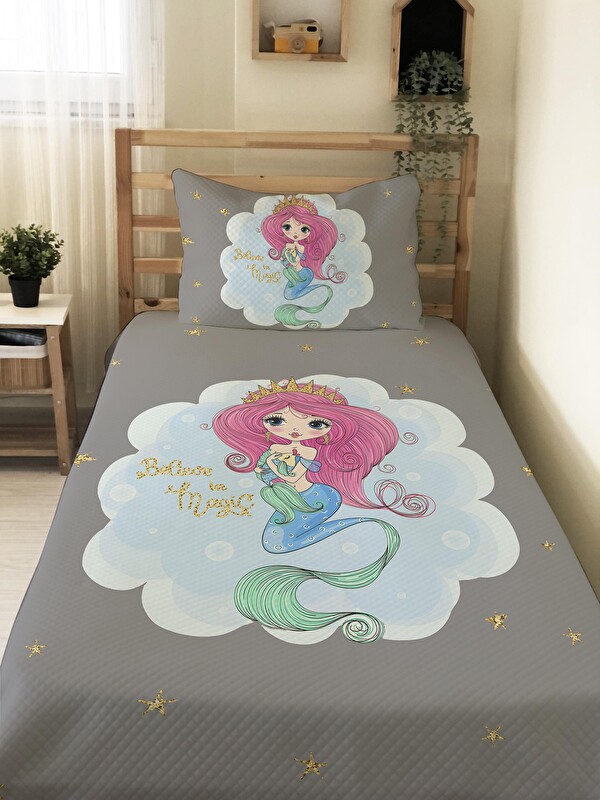 Evmila Deniz Kızı Desenli Soft Baskılı Tek Kişilik 160x220 Cm Pike- Gri